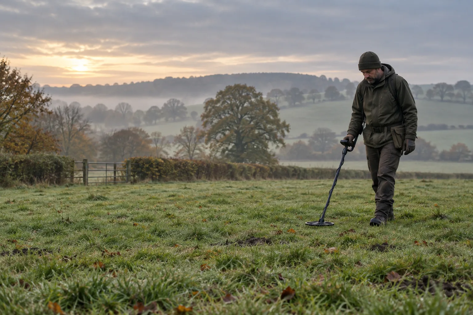 Metal detector search lane across damp British pasture with hedgerows