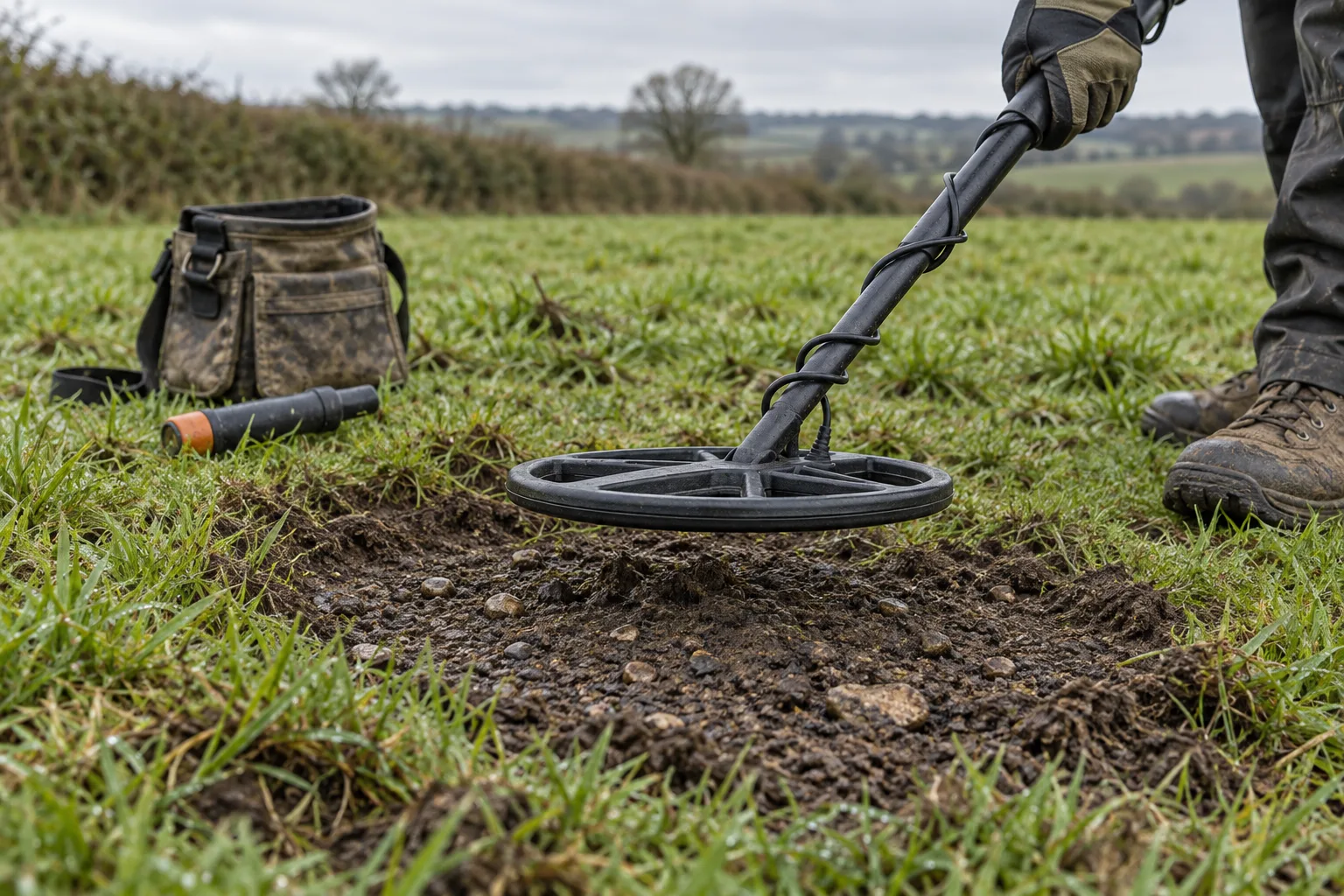 Detector coil held above a marked ground-balance patch in damp British pasture