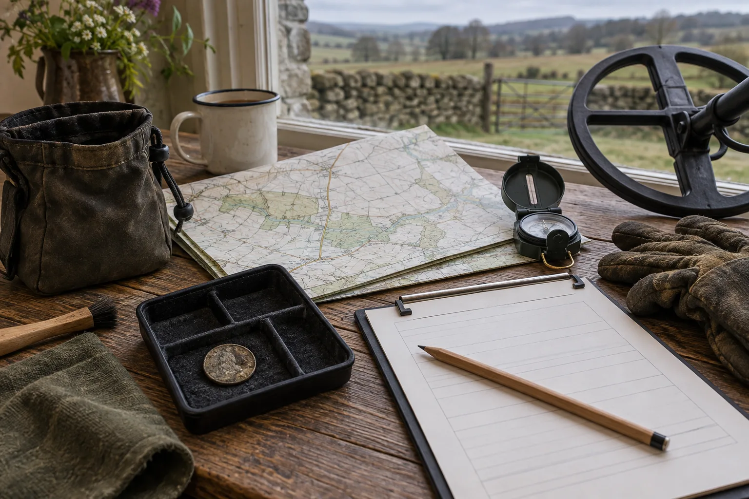Permission notebook, map and metal detecting equipment prepared before a UK search